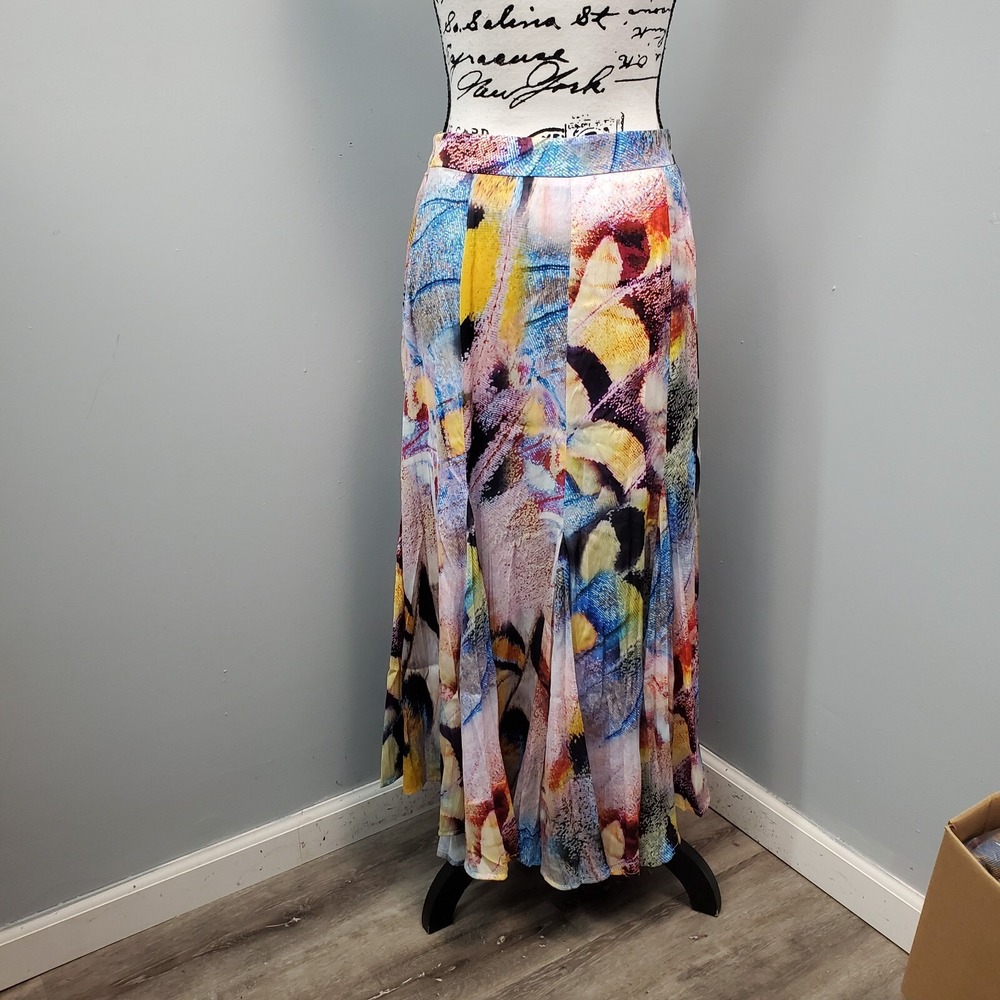 Anthropologie Maxi Skirt Women's 6 Multi Watercolor Art Lined Swing Hem Side Zip - Picture 2 of 9